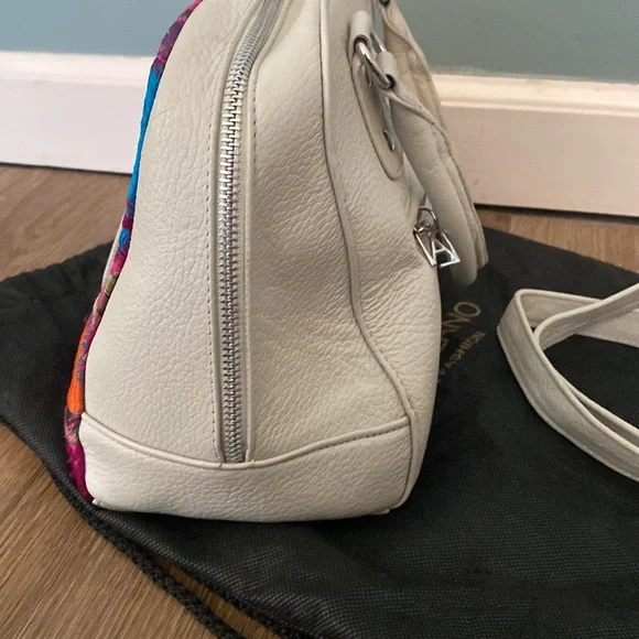 AngeLozano cream pebble leather colorful floral embroidered satchel bag. Boho - Picture 3 of 13